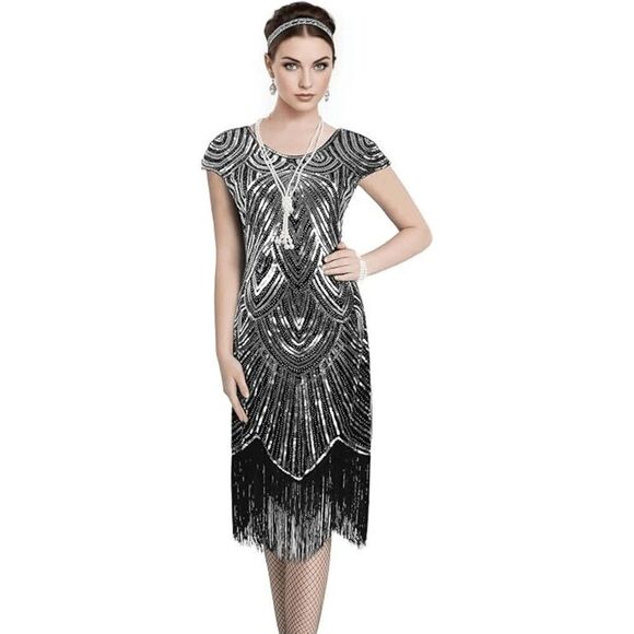 ✨ Flapper Great Gatsby Roaring 1920s Retro Tassel Fringe Silver Sequin Dress NEW - Picture 1 of 17